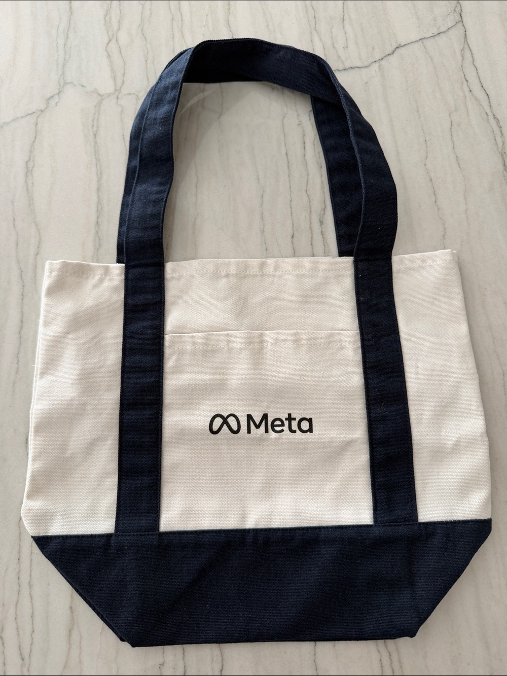 Small Canvas Tote Bag in Cream and Navy Blue with Meta logo